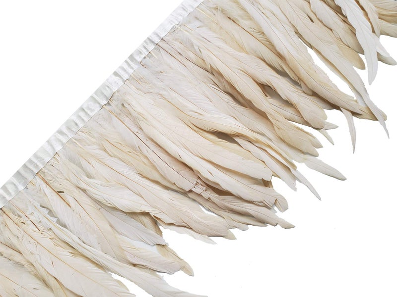 HAPPY FEATHER 2 Yards 10-12" Rooster Hackle Feather Fringe Trim, Sewing Craft Feather for DIY Decorations-Off White - Image 1